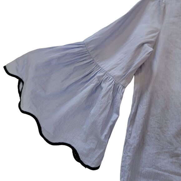 Zara Collection Top Womans Small Blue Pinstripe Bell Sleeve Contrasting Trim - Picture 3 of 5